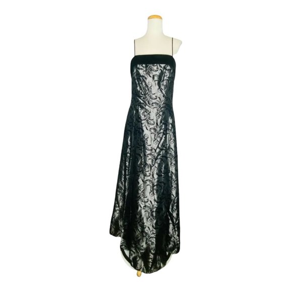 Vintage Gown Glamorous c1980s Dave & Johnny Formal Silver Black Velvet Jacquard - Picture 1 of 12